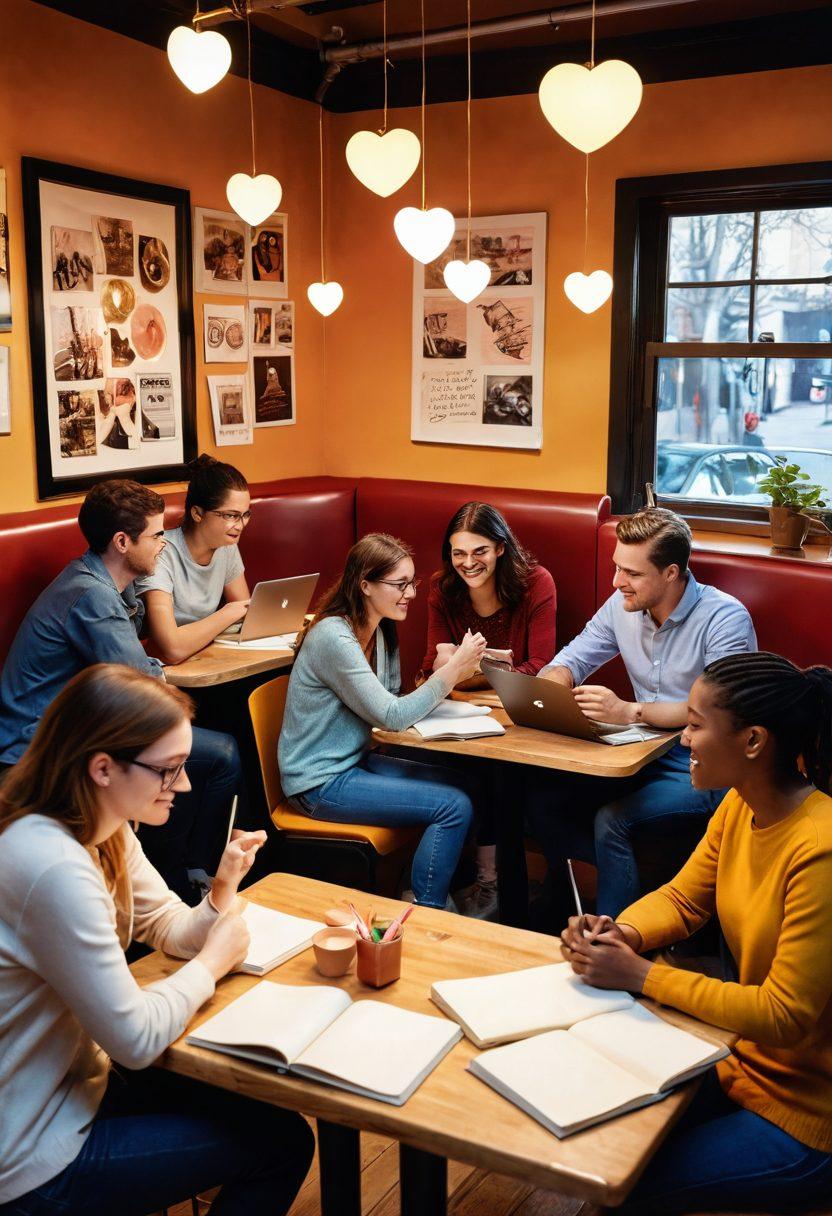 A dynamic scene featuring a diverse group of people enthusiastically sharing their personal stories in a cozy café setting, with open notebooks and laptops around them. Visual elements like heart shapes and speech bubbles rise from their conversations, symbolizing passion and connection in storytelling. Warm, inviting colors to create an atmosphere of inspiration and camaraderie. super-realistic. vibrant colors. cozy ambiance.