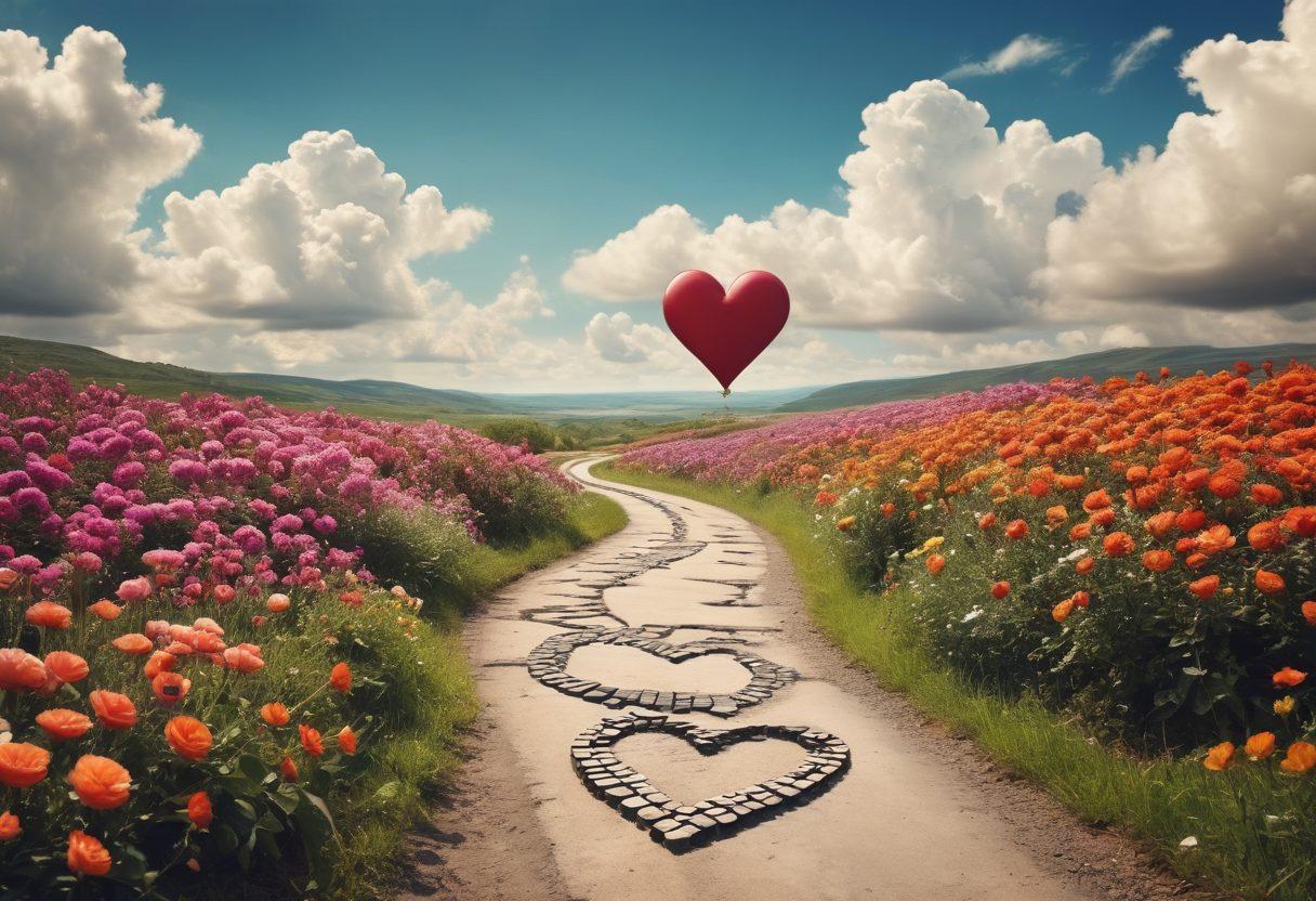 A whimsical, heart-shaped road winding through a beautiful landscape, symbolizing a journey of career growth. Along the path, small milestones like a typewriter, a heart, and a diploma mark significant career moments, surrounded by vibrant flowers. In the sky, clouds shaped like briefcases and hearts add a dreamy touch. The scene should evoke a sense of romance and passion for one's profession. pastel colors. soft focus.