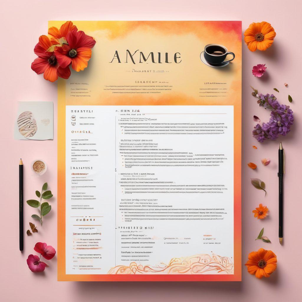 A beautifully designed resume with artistic elements, featuring colorful heart motifs and symbols of passion like flames and flowers. Include a workspace setting with a warm lamp casting soft light, papers scattered with handwritten notes, and a cup of coffee nearby. The backdrop should radiate inspiration and warmth, symbolizing a heartfelt approach to career growth. super-realistic. vibrant colors. cozy atmosphere.